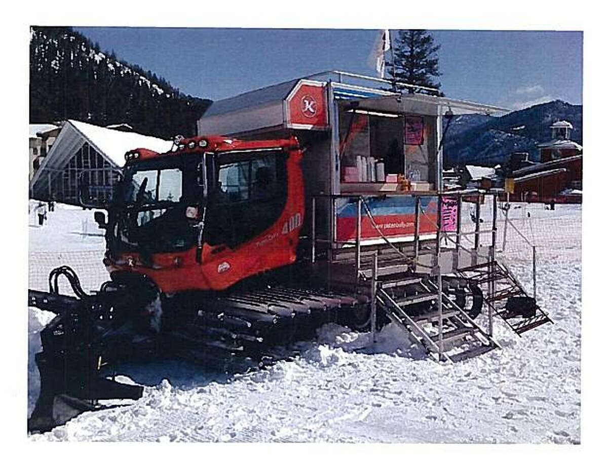 One of the new food carts that are built onto the back of old snow cat vehicles in the Mammoth Mountain ski area.