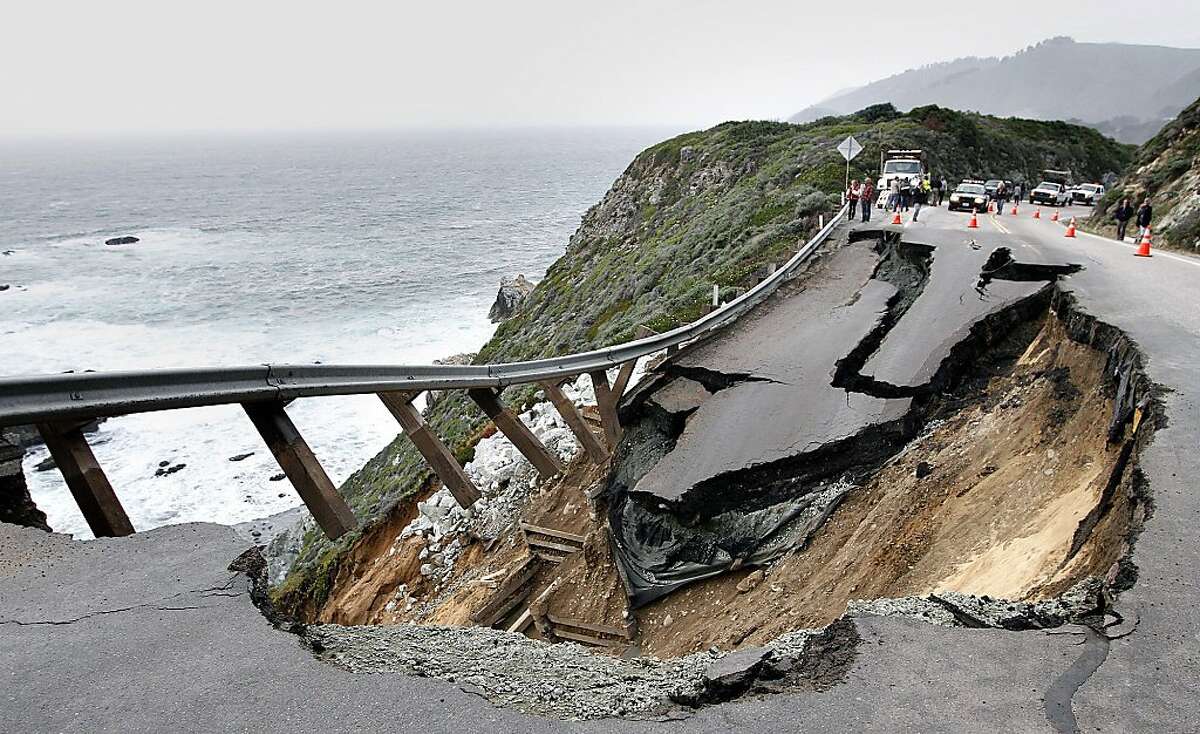 The southbound lane of Highway 1 is shown after sliding down the hillside on Wednesday, March 16, 2011 in Big Sur, Calif. Authorities say that the closure came after 40-foot stretch of the highway slid down a hillside shortly after 5 p.m. in an area called Hurricane Point following several days of heavy rains. The Monterey Times Herald reports that CHP said the highway could be closed "potentially several days if not longer. No injuries were reported.