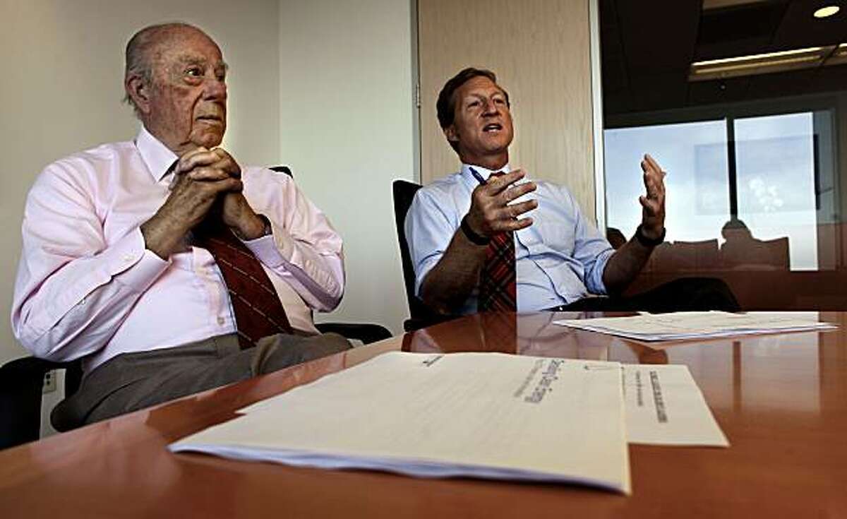 Former Secretary of State George Schultz, (left) and venture capitalist Tom Steyer, in San Francisco, Ca. on Tuesday July 20, 2010, have teamed up to defeat an attempt to repeal California's AB32, the climate change bill in this coming November's election.