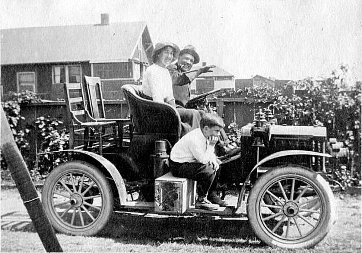 A young Berkeley family takes off for an outing. Dining room chairs and a fruit basket provide some of the vehicle’s seating. The driver needs a heavy glove. Photo from Richard Schwartz's book 'Berkeley 1900: Daily Life at the Turn of the Century.'