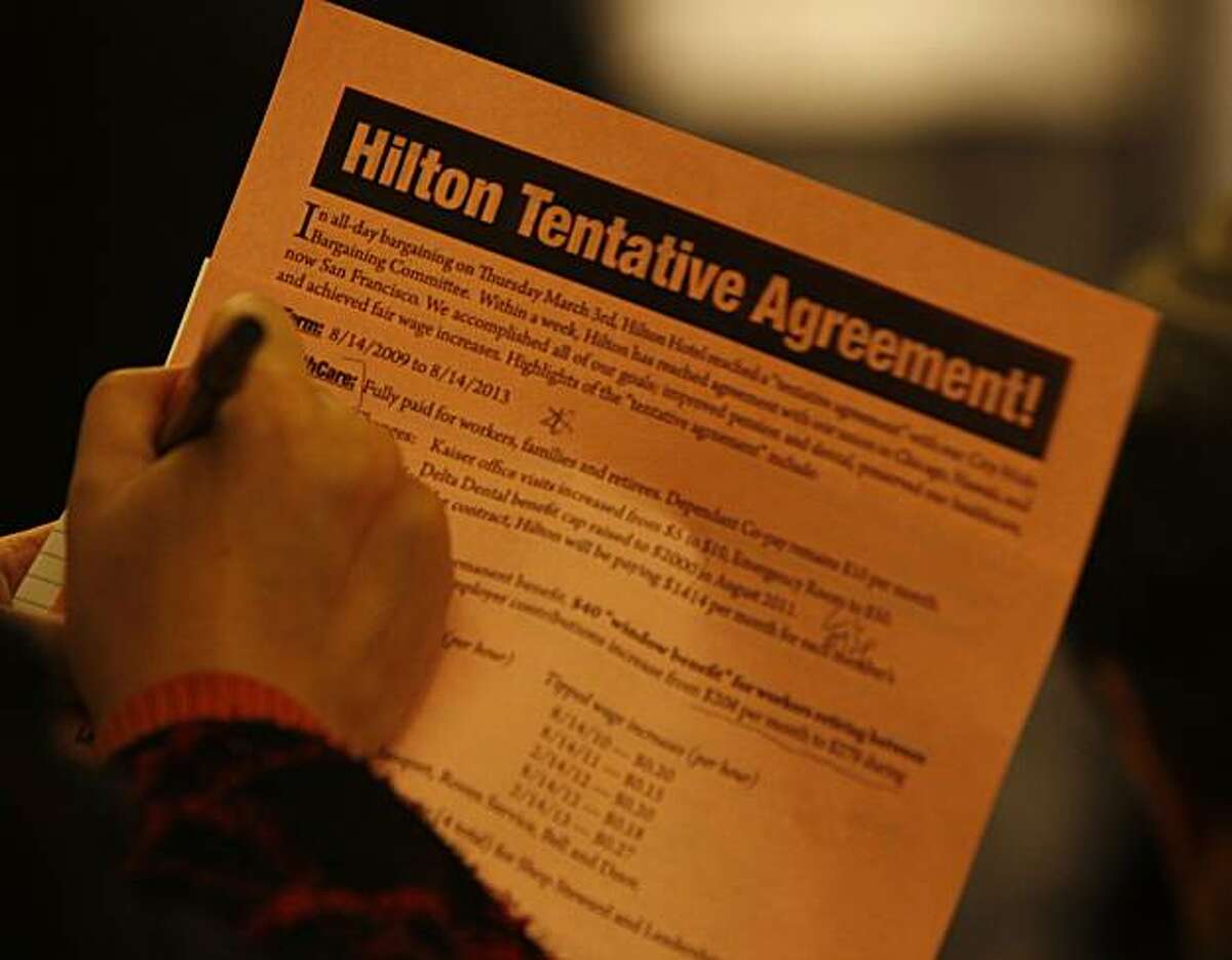 Copies of the Hilton Tentative Agreement were passed out to union workers and members of the media. Members of the Unite Here Local 2 union hold a press conference at the Hilton Hotel, 333 O'Farrell Street, to announce the details of a tentative agreement between the union and Hilton Hotel chain, ending an 18-month labor dispute.