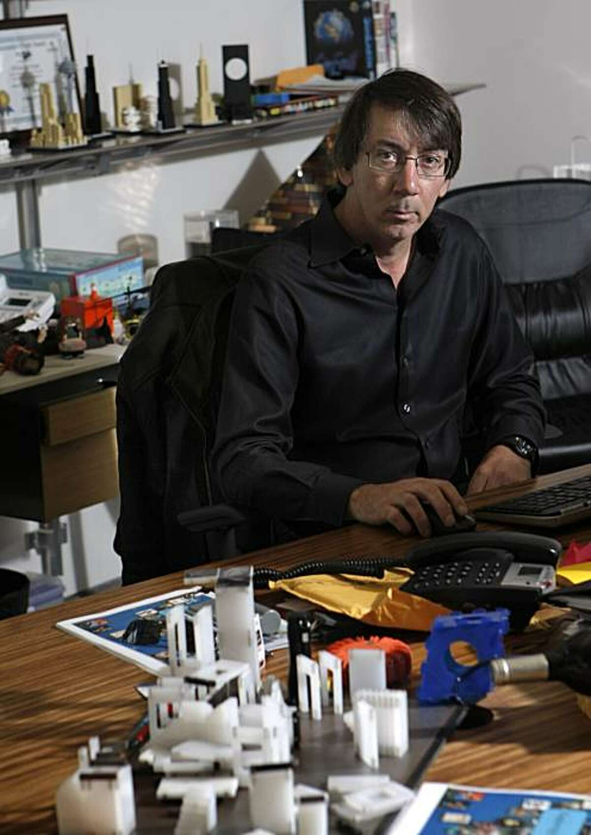 Will Wright, creator of video game series, "The Sims," and the creative force behind the new Current TV show "Bar Karma," poses for a portrait inside his office at his company called Stupid Fun Club in Berkeley, Calif., on Friday, February 18, 2011.