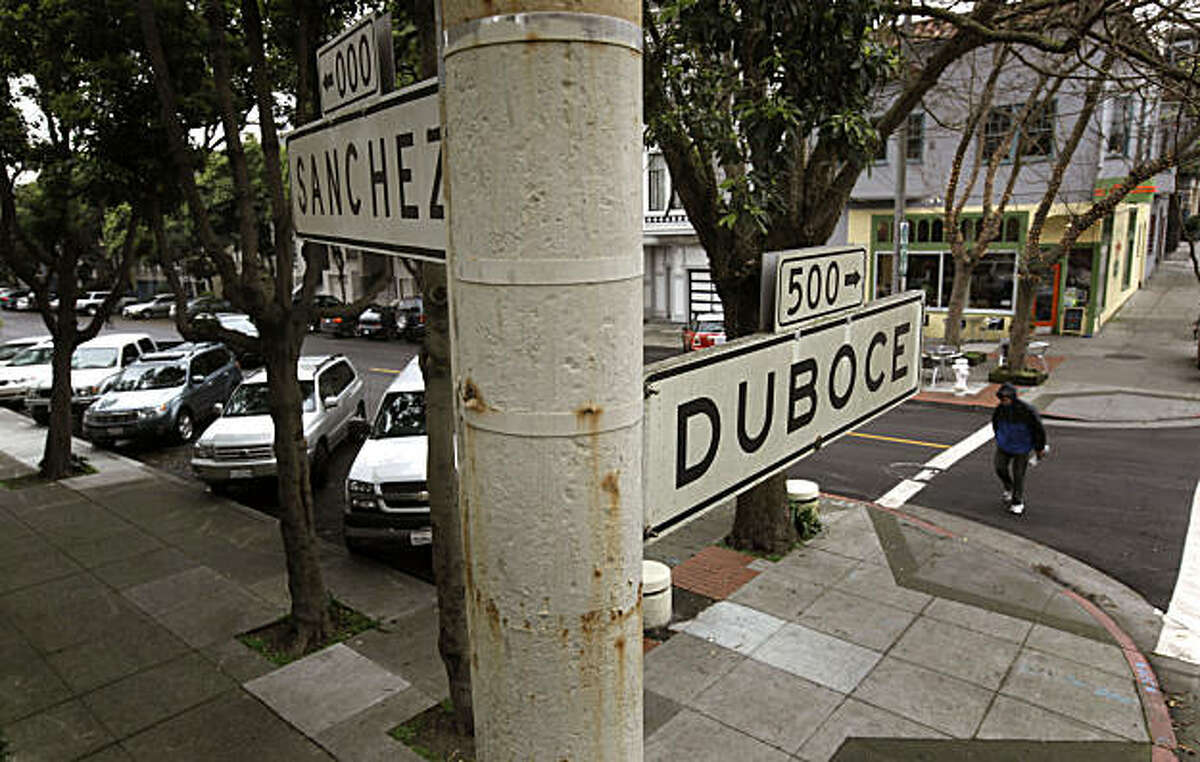 The corner of Duboce and Sanchez Streets, in San Francisco, Ca. on Friday Feb. 18, 2011. A historian thinks he's come up with evidence that San Francisco's beginnings were not on the shore of a vanished lake in the Mission District, but rather a spot at the intersection of Duboce and Sanchez Streets.