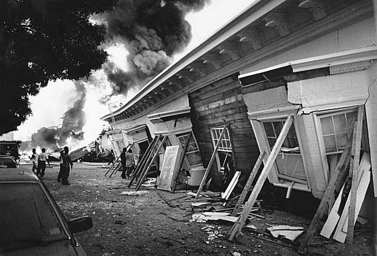 A three story building collapsed and burned at Beach and Divisadero in the Marina district in San Francisco after the Loma Prieta earthquake.