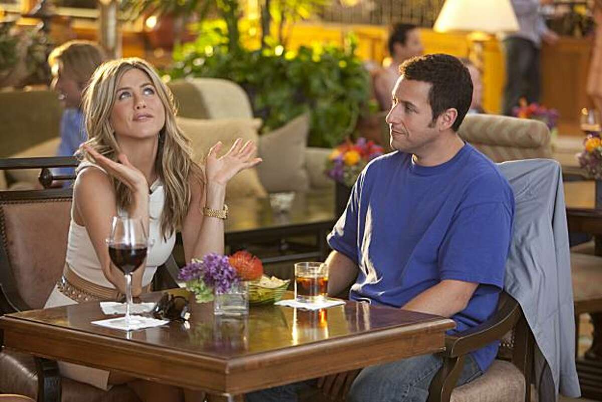 In this film publicity image released by Columbia Pictures, Jennifer Aniston, left, and Adam Sandler are shown in a scene from "Just Go with It."