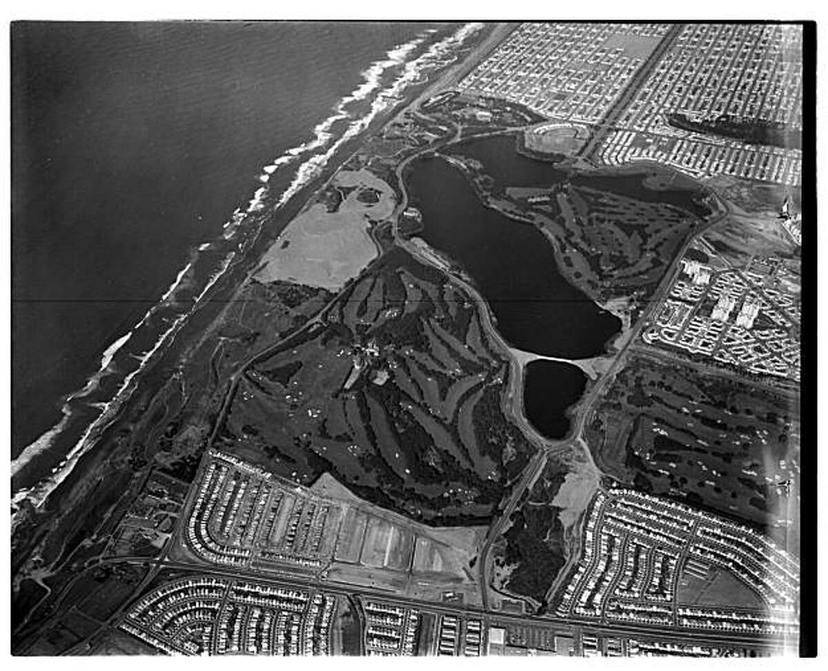 An aerial view of Harding Park and neighboring courses in 1955 shows the Olympic Club, in the foreground below the lake, the San Francisco Golf Club, to the right and farthest from the ocean, and Harding Park at top.