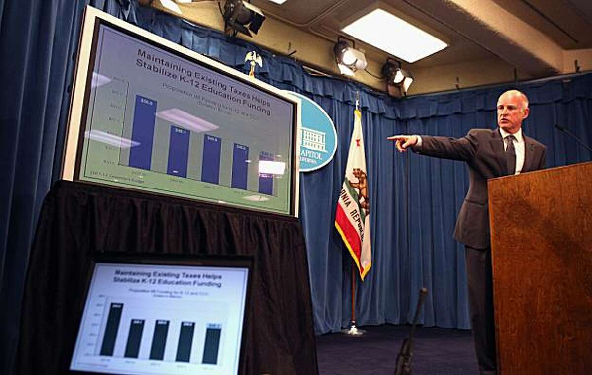 California Governor Jerry Brown points to a chart as he speaks to reporters as he announces his proposed budget at the California State Capitol on January 10, 2011 in Sacramento, California. Governor Brown announced a balanced state budget that cuts spending by $12.5 billion and includes an eight to ten percent cut in take home pay for state employees and proposes a "vast and historic" restructuring of government operations.