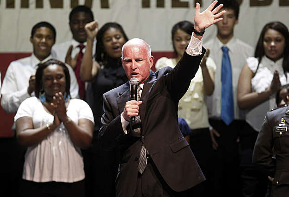 Jerry Brown waved to the crowd of supporters with members of the Oakland School for the Arts in the background. Governor-elect Jerry Brown addressed supporters at the Fox Theatre in downtown Oakland, Calif. Tuesday November 2, 2010.