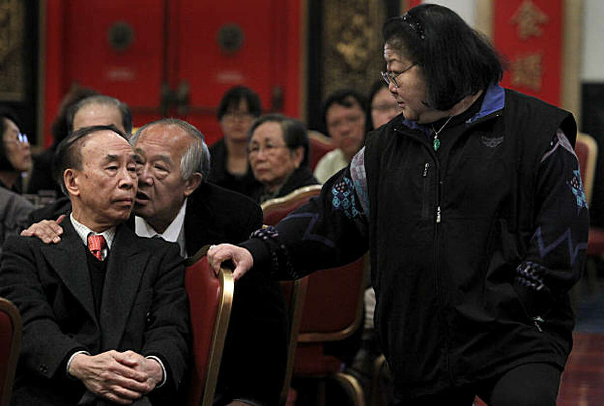 Rose Pak listens in on a conversation between Melvin Lee (left) and Steven Lee (center) at a luncheon in Chinatown to express support for Ed Lee as a potential interim mayor candidate in San Francisco, Calif., on Thursday, Jan. 6, 2011. Neither men are related to Ed Lee. Several leaders in the Chinese community spoke at the reception.