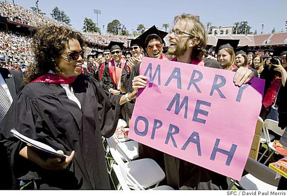 Global media leader and international philanthropist Oprah Winfrey greets Karl Pichotha after she gave the keynote speech at the 107th Stanford University Commencement ceremonies June 15, 2008 at Stanford University. (Photograph by David Paul Morris / The Chronicle