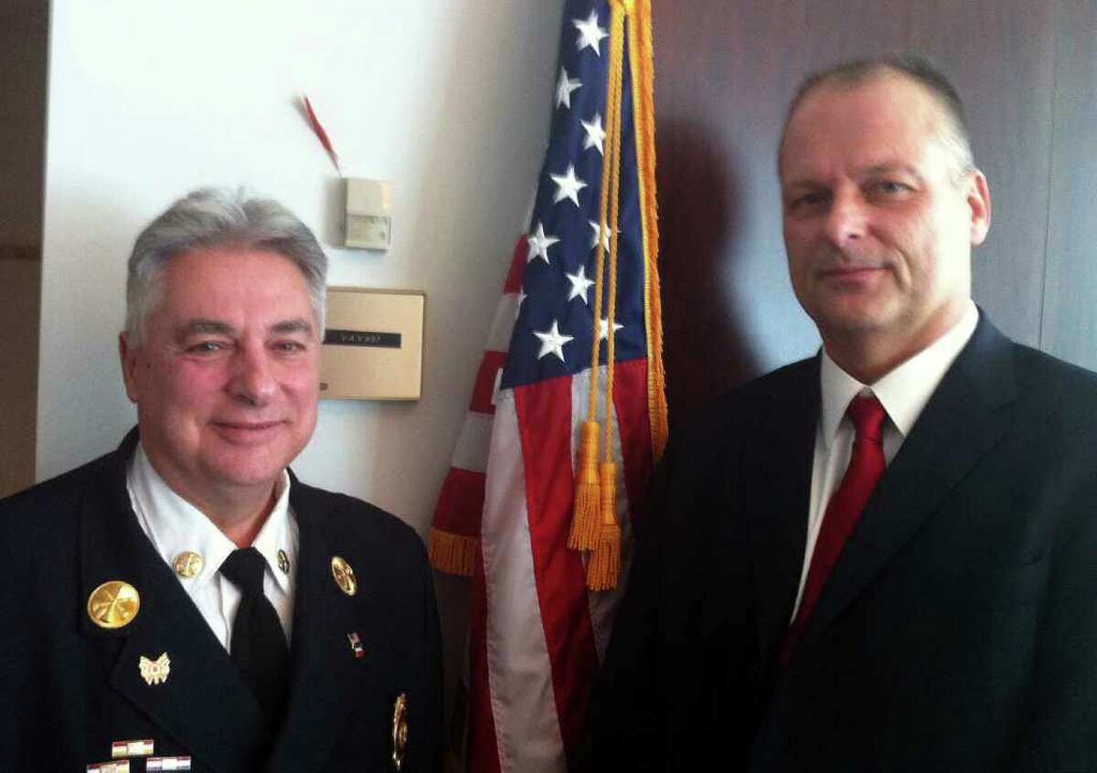 Mayor Michael Pavia appointed Antonio Conte, left, as the new Stamford Fire & Rescue Chief and Ted Jankowski, a 47-year-old native of Queens, N.Y., right, as the public safety director at news conference on Wednesday, Jan. 11, 2012.