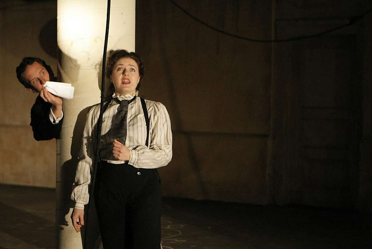 Natalie Greene (right) and Christopher W. White during a rehearsal for Mugwumpin's "Future Motive Power" in the Old Mint Building in San Francisco, Calif., on Wednesday, December 21, 2011. The play is inspired by the peculiar life of Nikola Tesla.