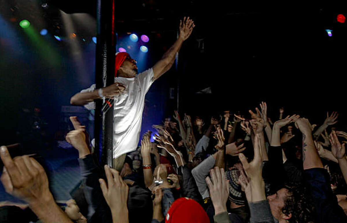Left Brain, waves to the crowd, as Odd Future Wolf Gang Kill Them All, a hip-hop collective of artists from Los Angeles, play Slim's nightclub, in San Francisco, Ca., on Tuesday Feb. 22, 2011. Made up of a bunch of teenagers they are notorious for rapping offensive subjects and having an assaulting sound.