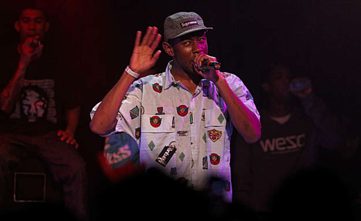 Tyler the Creator, entertains the crowd, as Odd Future Wolf Gang Kill Them All, a hip-hop collective of artists from Los Angeles, play Slim's nightclub, in San Francisco, Ca., on Tuesday Feb. 22, 2011. Made up of a bunch of teenagers they are notorious for rapping offensive subjects and having an assaulting sound.