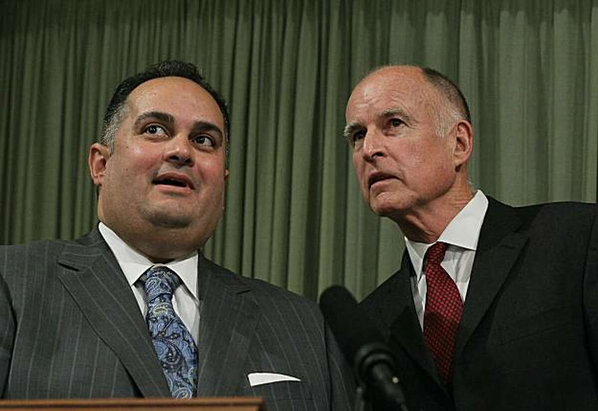 SACRAMENTO, CA - JANUARY 31: California Governor Jerry Brown (R) looks on with Speaker of the Assembly John Perez (L) before delivering the State of the State address at the California State Capitol on January 31, 2011 in Sacramento, California. One month after taking office, Gov. Brown delivered the State of the State address to a joint session of the California State legislature.
