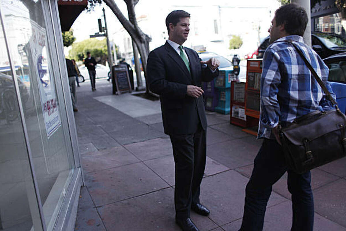 Supervisor Mark Farrell (l to r) talks with Restauranter Nate Valentine in front of a storefront available for lease on Fillmore Street on Friday, February 4, 2011 in San Francisco, Calif. San Francisco is lifting the ban on restuarants in certain neighborhoods.