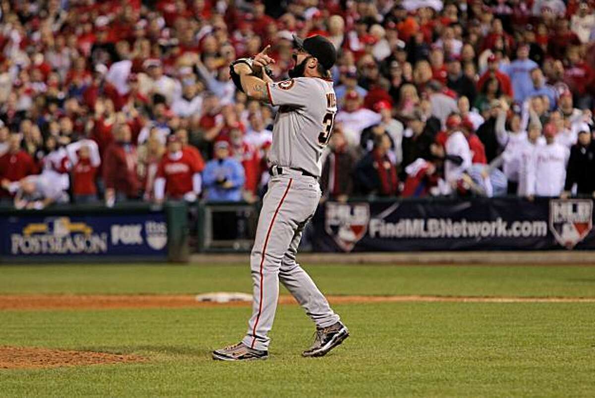 Giants closer Brian Wilson shuts down the ninth inning for the win against the Phillies in Game 6 of the NLCS on Saturday at Citizens Bank Park in Philadelphia.