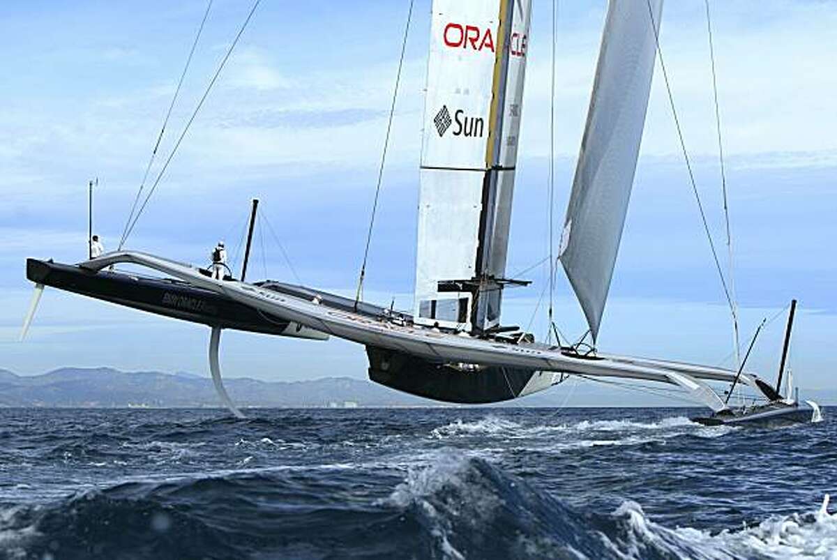 BMW Oracle's BOR 90 boat sails near Valencia, Spain, on Sunday, Feb. 7, 2010. The 33rd America's Cup is scheduled to start Feb. 8.