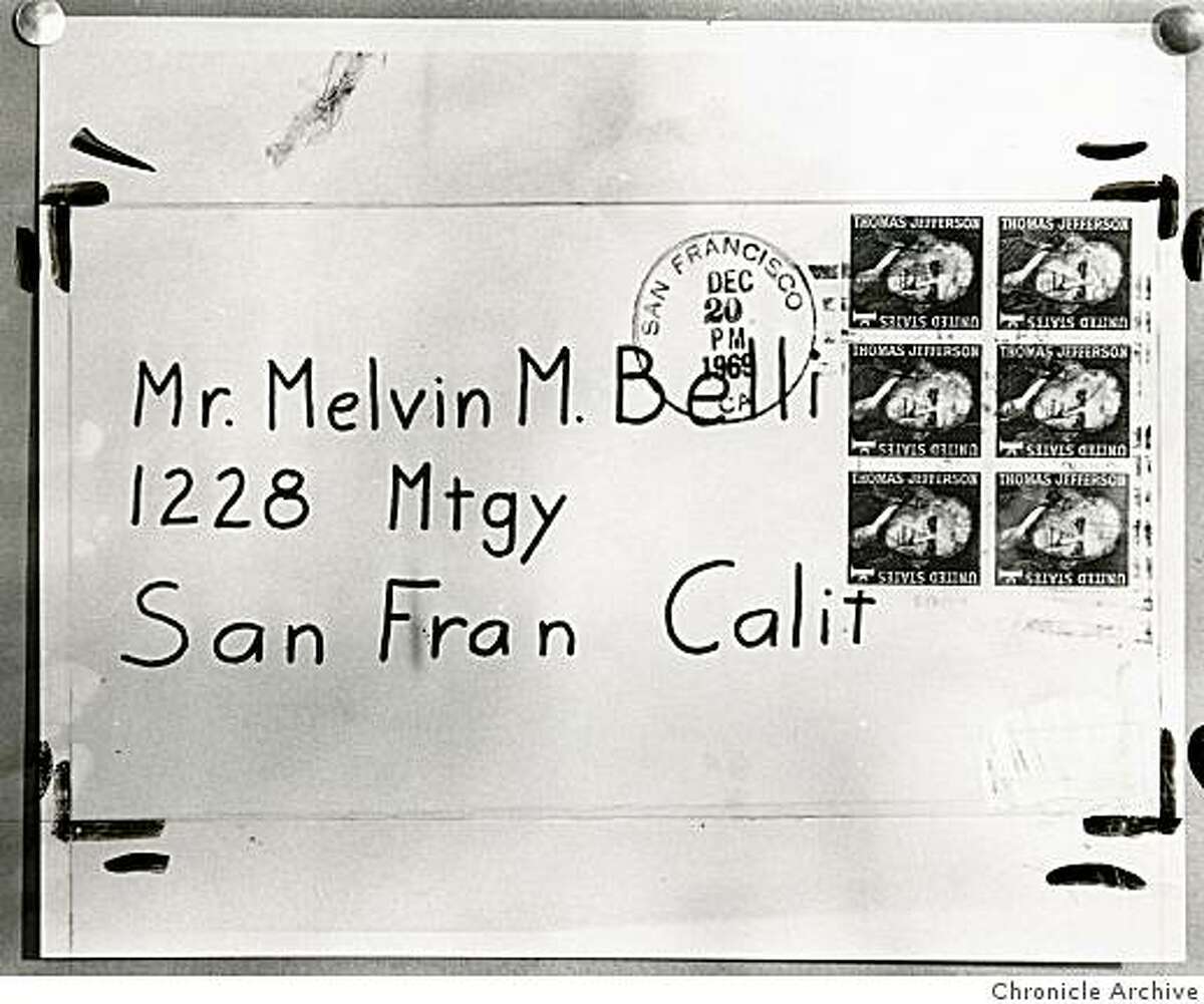 Envelope which contained a zodiac letter to attorney Melvin Belli on Dec. 20, 1969.