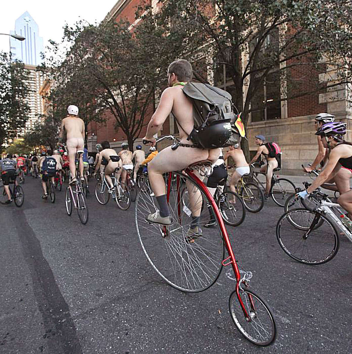 Cyclist make their way through the streets of center city Philadelphia during a naked bike ride on Sunday Sept. 5, 2010.
