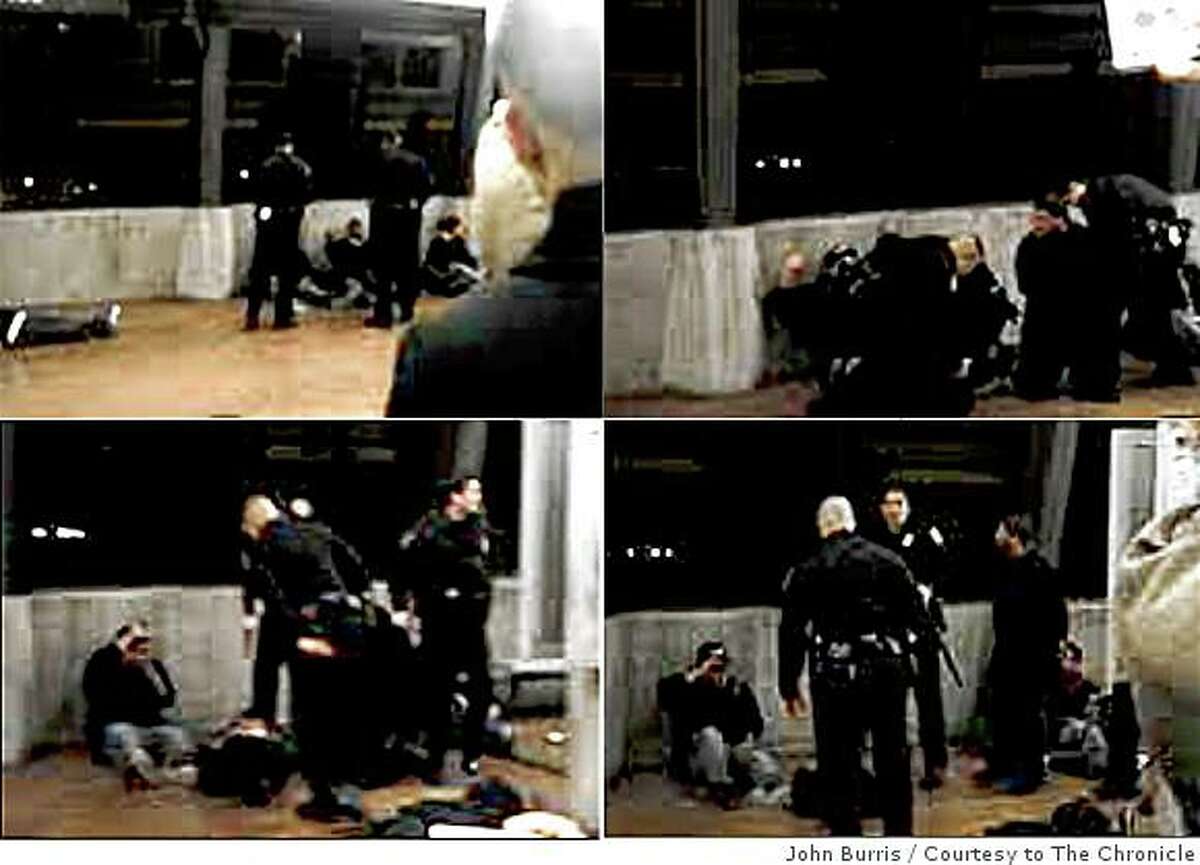 This composite image, made from a cell phone video released by attorney John Burris, shows the moments before and immediately after Johannes Mehserle shot Oscar Grant on the Fruitvale BART station platform on Jan. 1, 2009. (Top left) BART police officers talk to Oscar Grant as he sits against the wall at the Fruitvale station platform. (Top right) Mehserle and another officer place Grant on his stomach. (Bottom left) Mehserle holds his gun after shooting Grant. (Bottom right) Mehserle looks up moments after discharging his weapon.