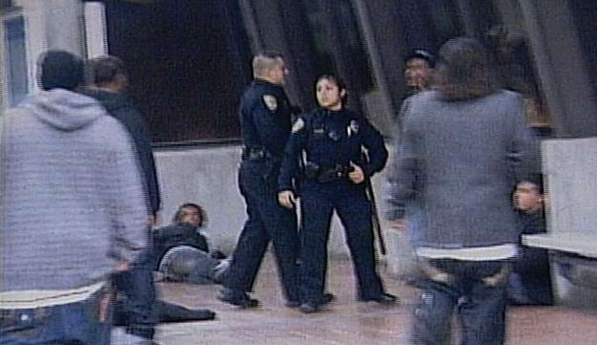 A still image from Karina Vargas' video shows the scene at the Fruitvale BART platform on Jan. 1, 2009 in Oakland, Calif. Moments after this video was taken, two-year BART veteran Johannes Mehserle shot Hayward-resident Oscar Grant.