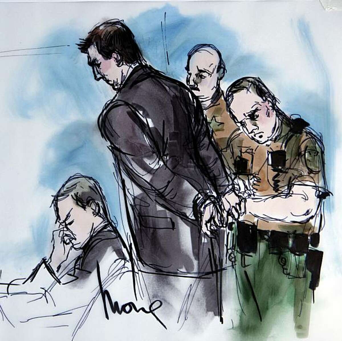 In this artist's sketch, former BART police officer Johannes Mehserle, center, is taken into custody as his attorney Michael Rains, left, reacts after the verdict of guilty of involuntary manslaughter in the killing of Oscar Grant on an Oakland train station, at the Criminal Justice Center in Los Angeles Thursday, July 8, 2010.