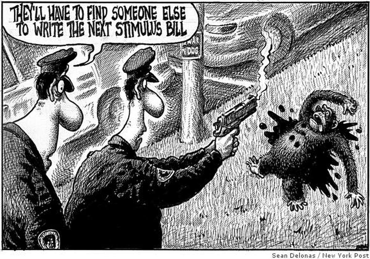 This cartoon image provided by the New York Post appeared in the Post's Page Six Wednesday, Feb. 18, 2009. The cartoon, which refers to Travis the chimp, who was shot to death by police in Stamford, Conn. on Monday after it mauled a friend of its owner, drew criticism on media Web sites and from civil rights activist the Rev. Al Sharpton. (AP Photo/New York Post) ** NO SALES **