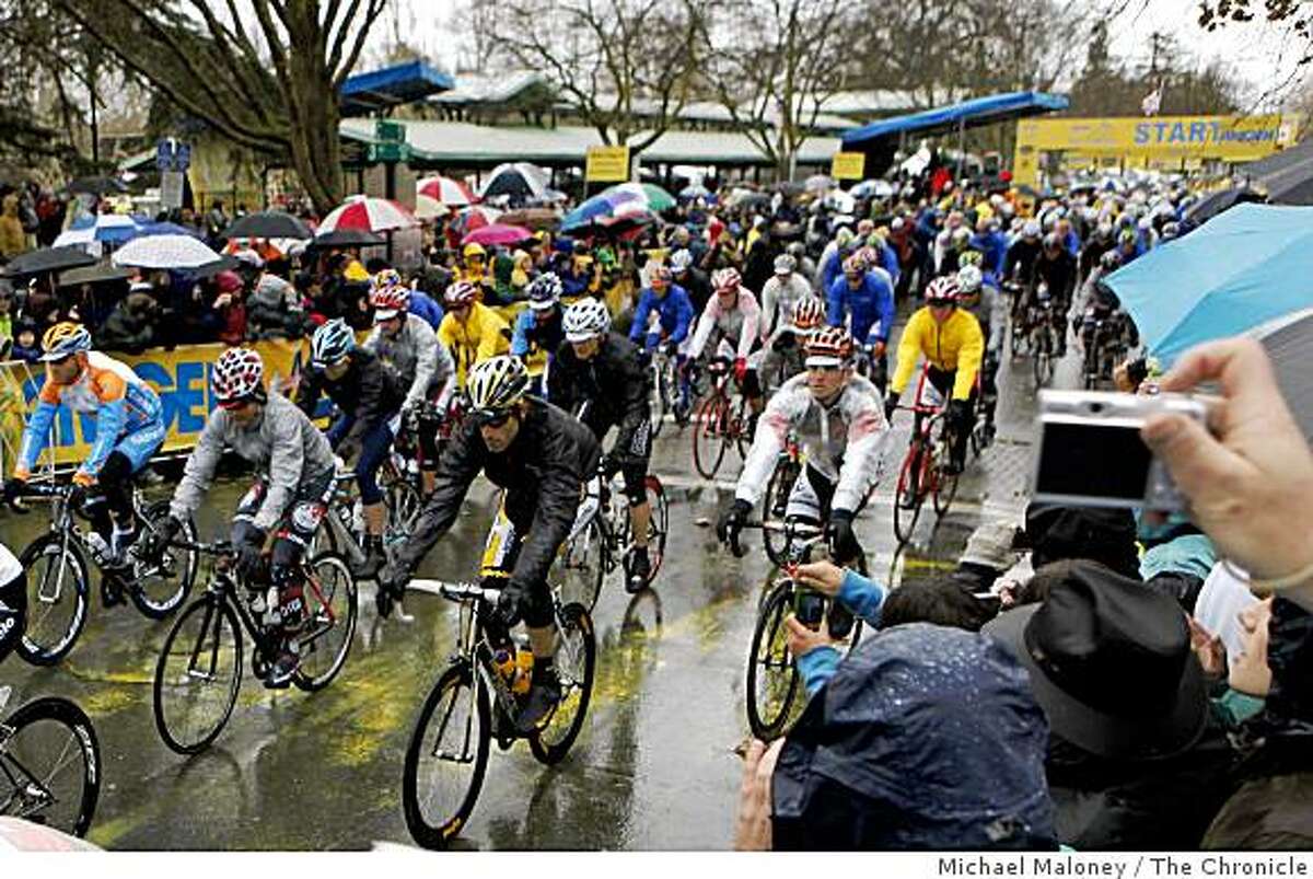 Riders start Stage 1 of the 2009 Amgen Tour of California bicycle race, in Davis, Calif., on Sunday, February 15, 2009 headed to the finish in Santa Rosa.