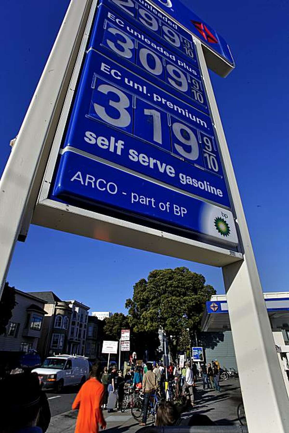 About 60 people gathered in front the ARCO station (owned by BP) at Divisadero and Fell streets in San Francisco on Friday to protest the use of oil and the oil spill in the Gulf of Mexico. The group shut down two entrances into the gas station.