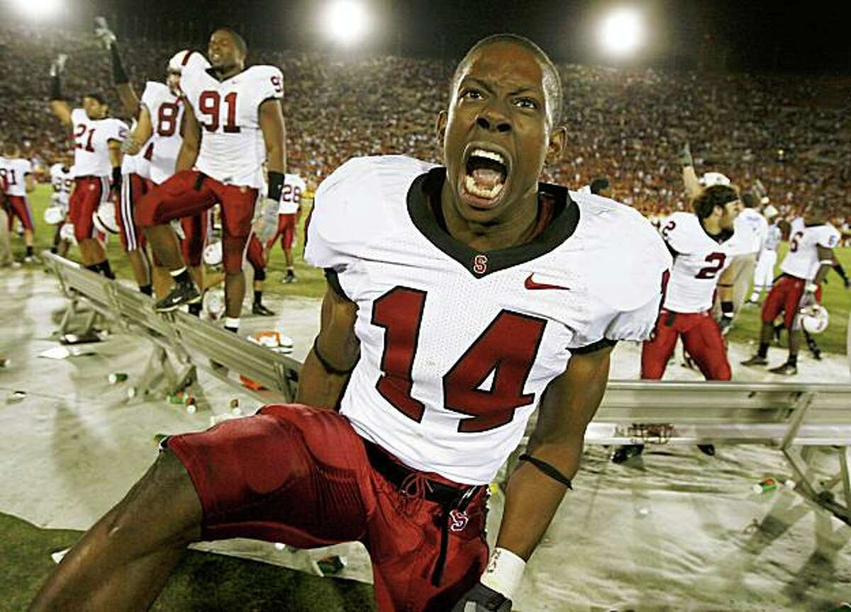 Stanford's Tim Sims celebrates after the Cardinal upset Southern California, 24-23, in Los Angeles on Saturday, Oct. 6, 2007.