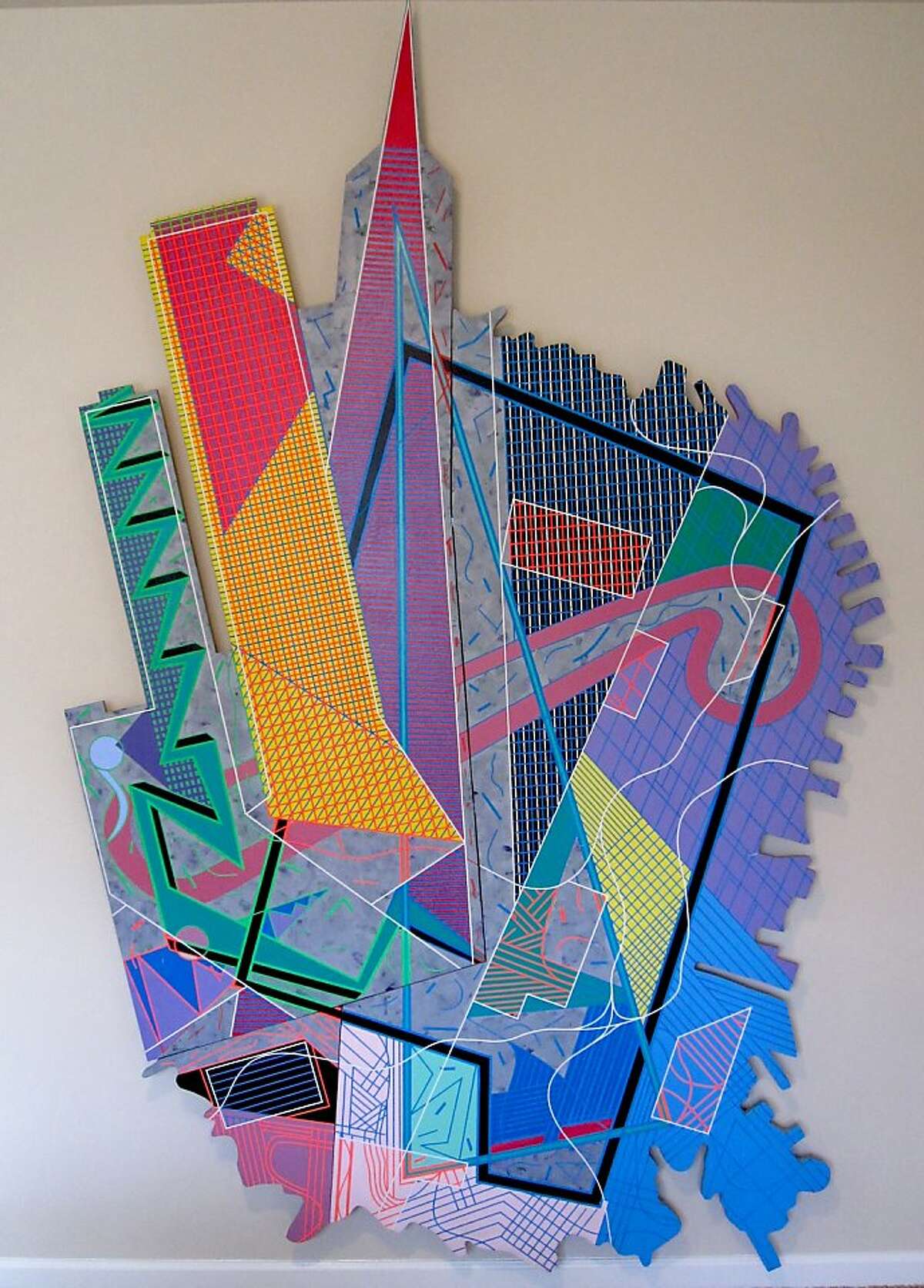 This pop-art painting of San Francisco from 1988 by Gregory Gioiosa is titled "Asterope."