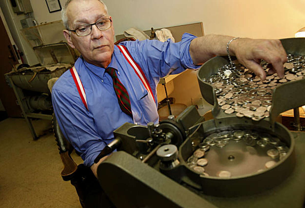 The final process has Rob Holsen placing the coins in a sorter which puts them in paper rolls to be used throughout the hotel Monday December 20, 2010. Rob Holsen may be the only professional coin washer in the United States. He washes coins for the Westin St. Francis Hotel in Union Square, San Francisco, Calif., a tradition which began to keep ladies white gloves from getting tarnished back in the 1930s.