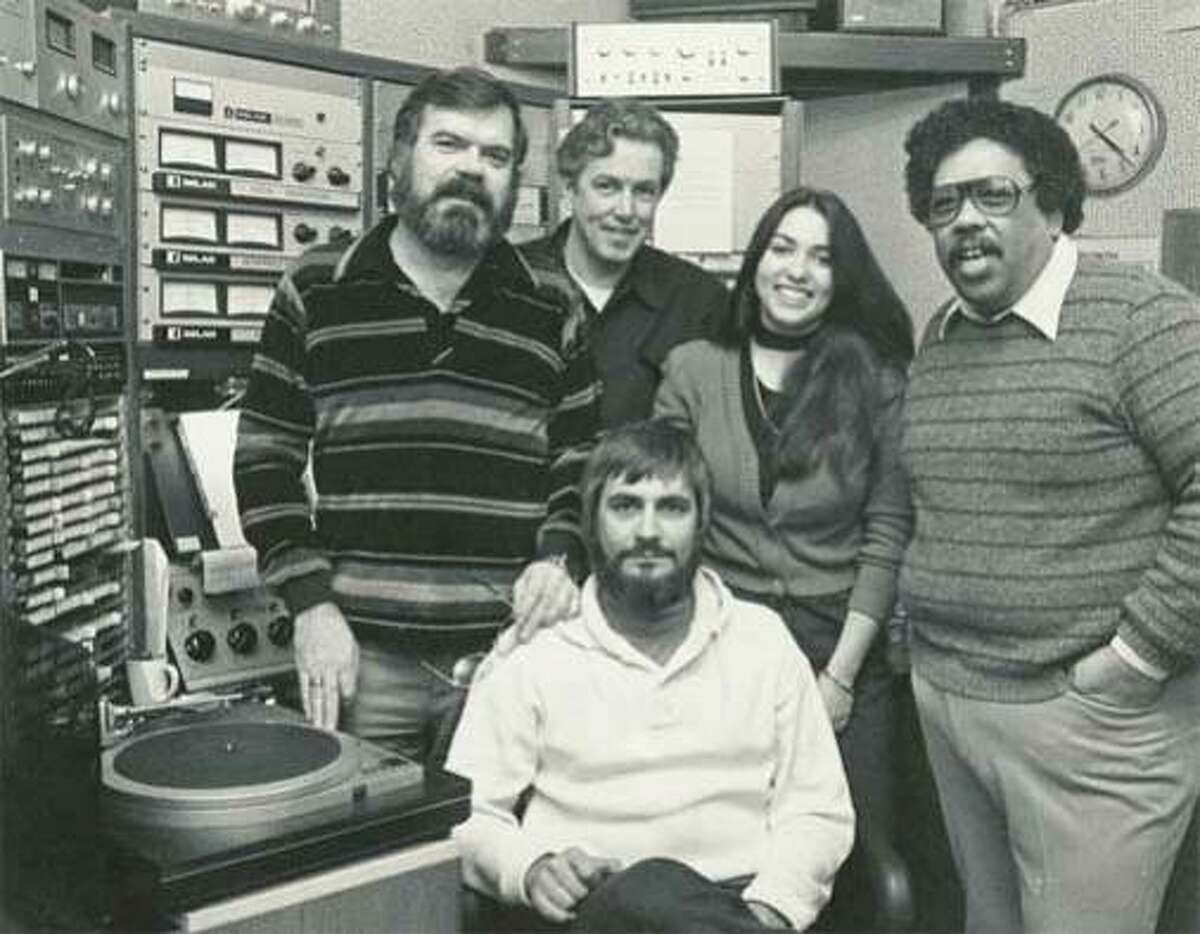 KJAZ DJS (from left) Jerry Dean, Stan Dun Audrey Wells, Bob Parlocha and (in front) Dick Conte.