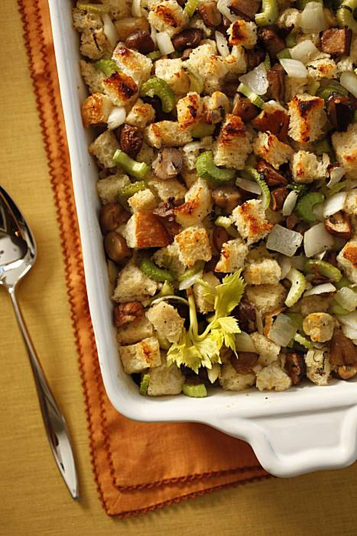 Crispy Sourdough Bread Stuffing With Porcini & Chestnuts in San Francisco, Calif., on November 2, 2009. Food styled by Vicki Woollard.