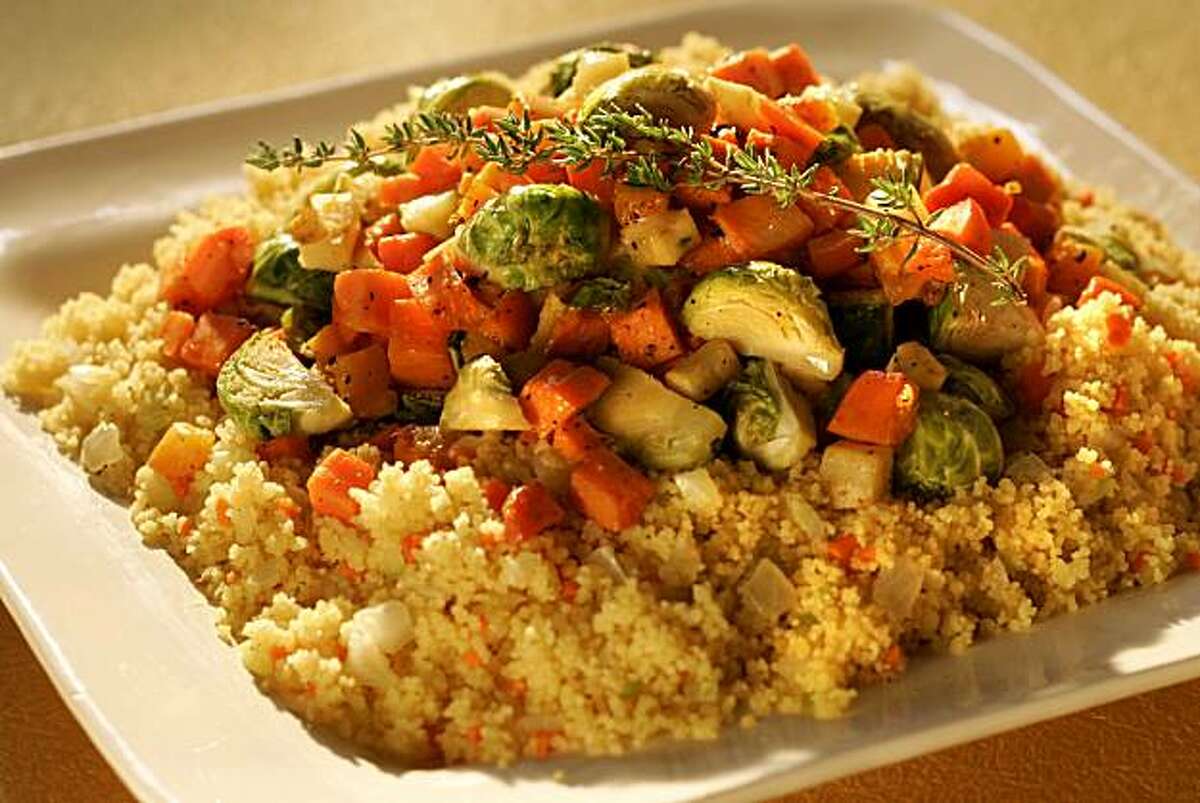 Roasted Root Vegetable Couscous with Lemony-Mustard Sauce.