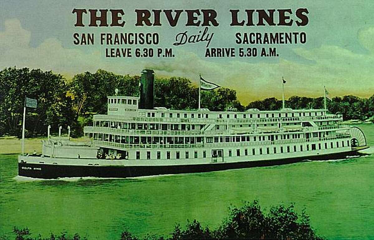 An undated postcard shows the Delta King riverboat on its route between San Francisco and Sacramento.