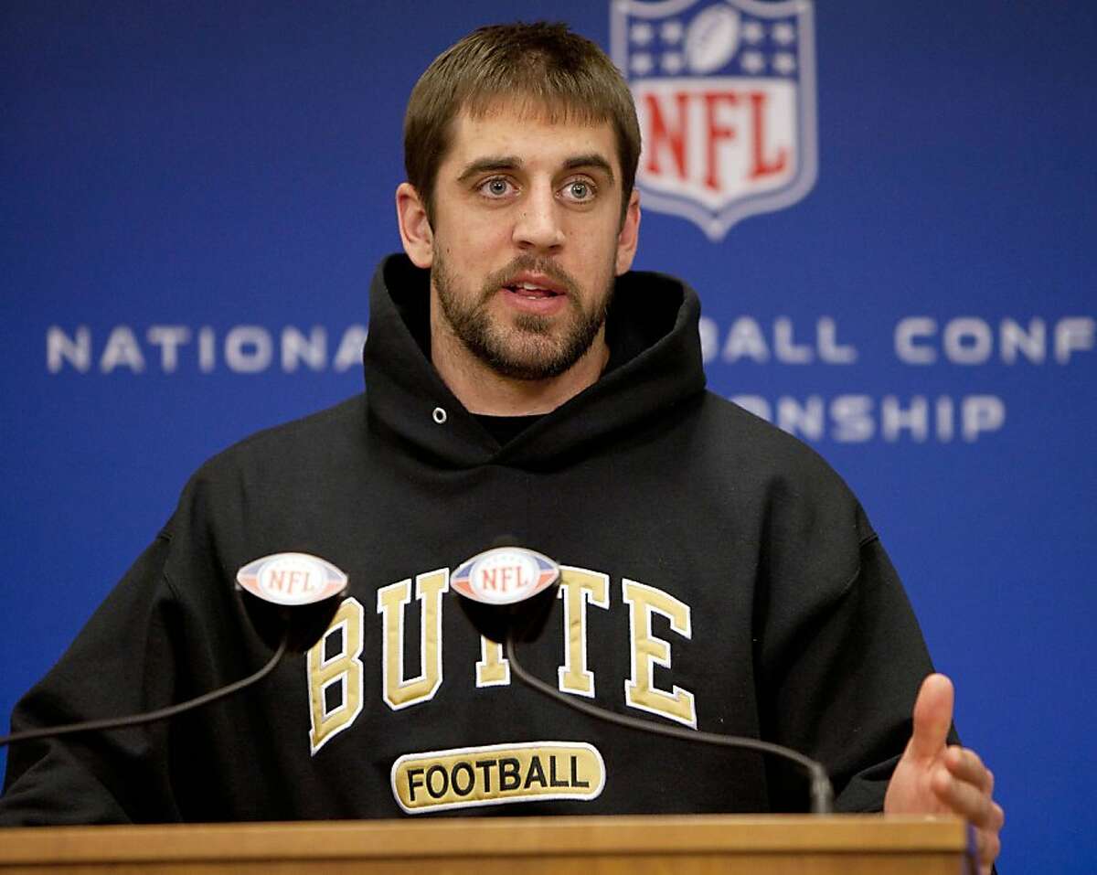 Green Bay Packers quarterback Aaron Rodgers talks during an NFL football news conference, Wednesday, Jan. 19, 2011, in Green Bay, Wis. The Packers are scheduled to play the Chicago Bears in the NFC Championship game on Sunday, Jan. 23, in Chicago.