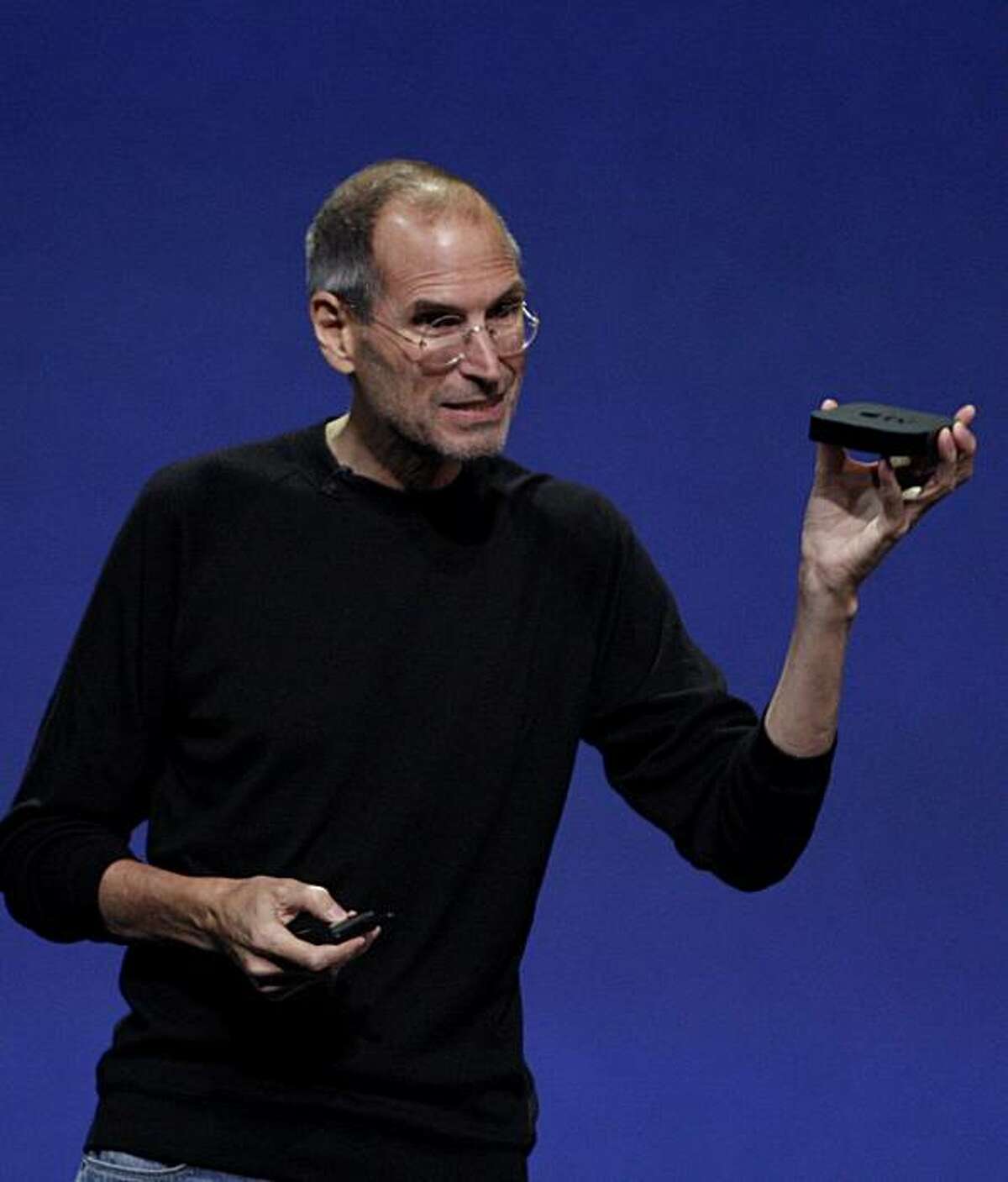 Apple CEO Steve Jobs introduces the newest version of the Apple TV device at the Yerba Buena Center for the Arts in San Francisco, Calif. on Wednesday, Sept. 1, 2010.