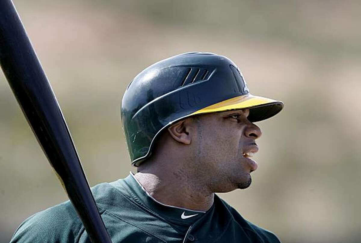 The Oakland Athletics Rajai Davis waited for his turn in the batting cage Friday February 26, 2010. Scenes from the San Francisco Giants and Oakland Athletics spring training campaigns of 2010 in Scottsdale and Phoenix, Arizona.