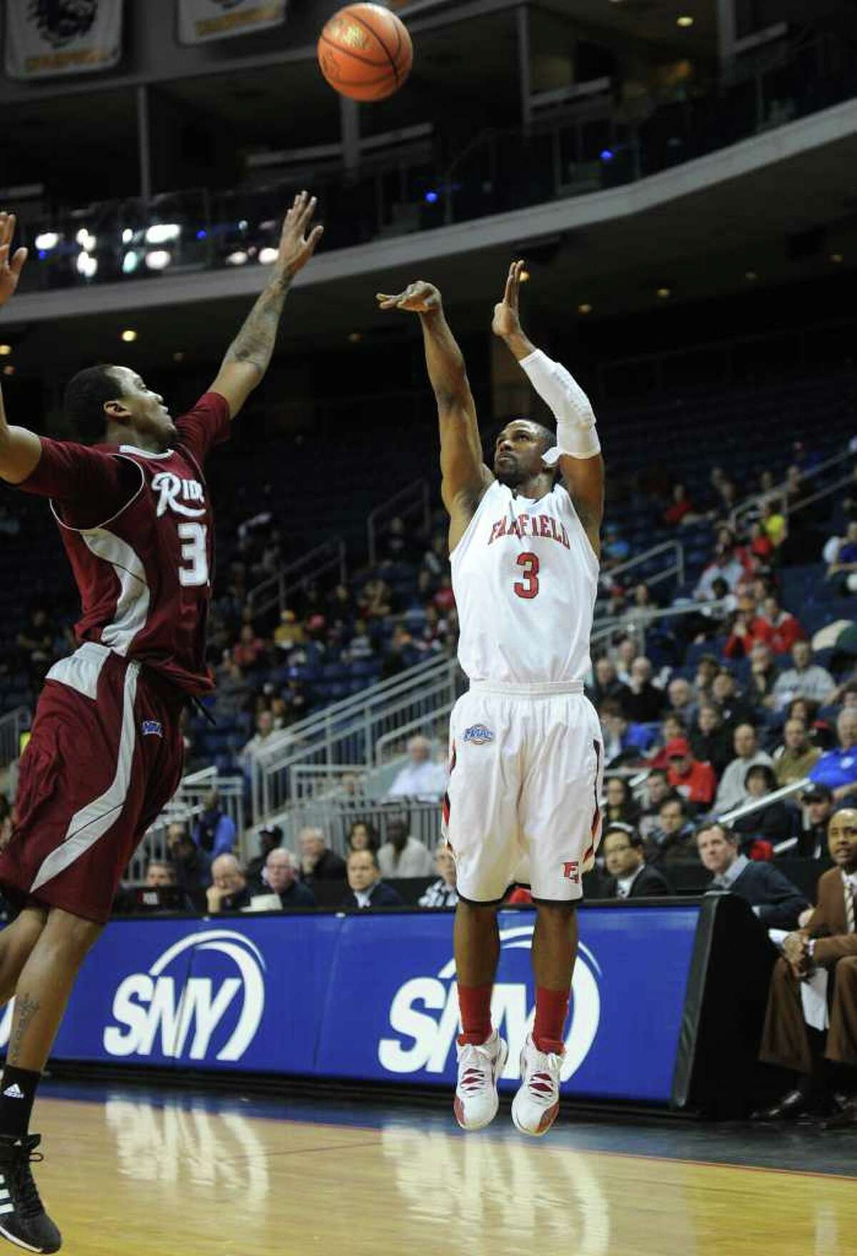 Fairfield's Derek Needham fires a jump shot during the Stags' MAAC matchup with Rider at the Webster Bank Arena in Bridgeport on Monday, January 16, 2012.