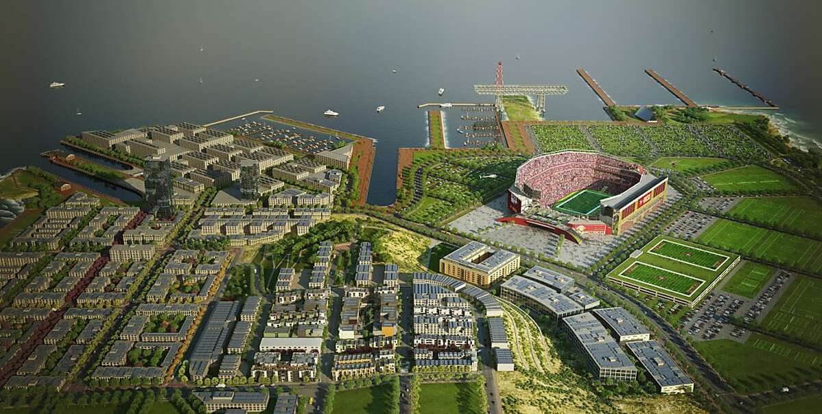 In this artist's rendering provided by Lennar Corp., an overview of the proposed football stadium in a redeveloped Bayview Hunters Point area of San Francisco is shown. After more than 20 years of environmental cleanup efforts, San Francisco's largest swath of undeveloped land may soon be home to thousands of families, as well as parks, businesses and even a new football stadium.