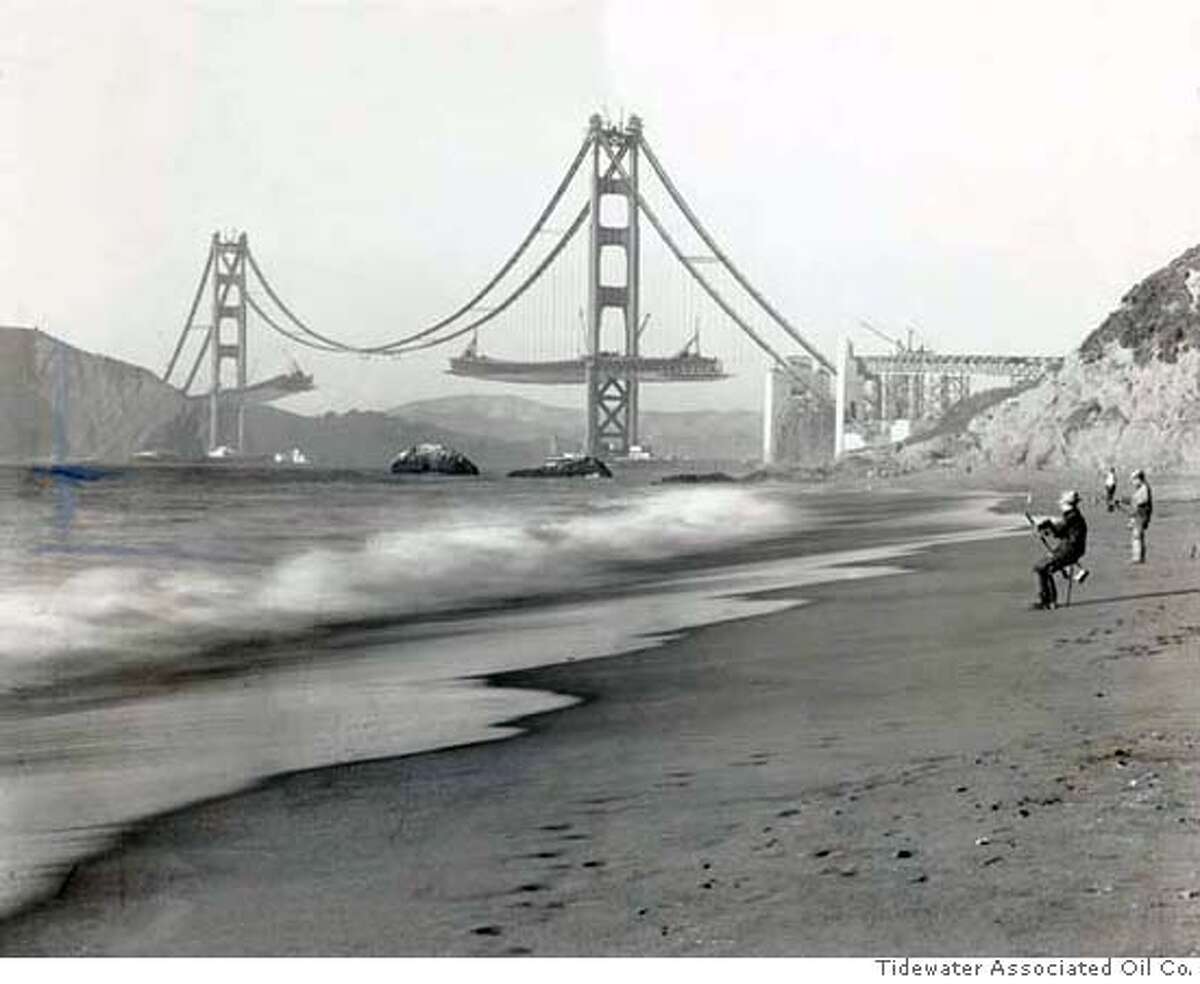 Bridge27_ph6.jpg Date Unknown - Final stage of construction with decks being extended outward from both Golden Gate Bridge towers. Photo Credit: Tidewater Associated Oil Co.