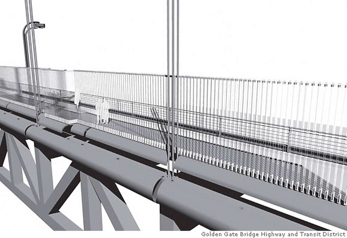 FIGURE 2.6b - EXAMPLE OF CONCEPT 2 (EXAMPLE SHOWN WITH HEIGHT OF 12�-0�, NO WINGLET; WIND FAIRINGS ON TRUSS AND SIDEWALK, VERTICAL GLASS PICKETS SPACED AT 7�, SOLID RATIO OF 23%) VIEW FROM OUTBOARD Credit: Golden Gate Bridge Highway and Transit District (Note: Mary Currie gave us credit line, said there was no artist to credit and they hold the copyright). 42462 4GATE