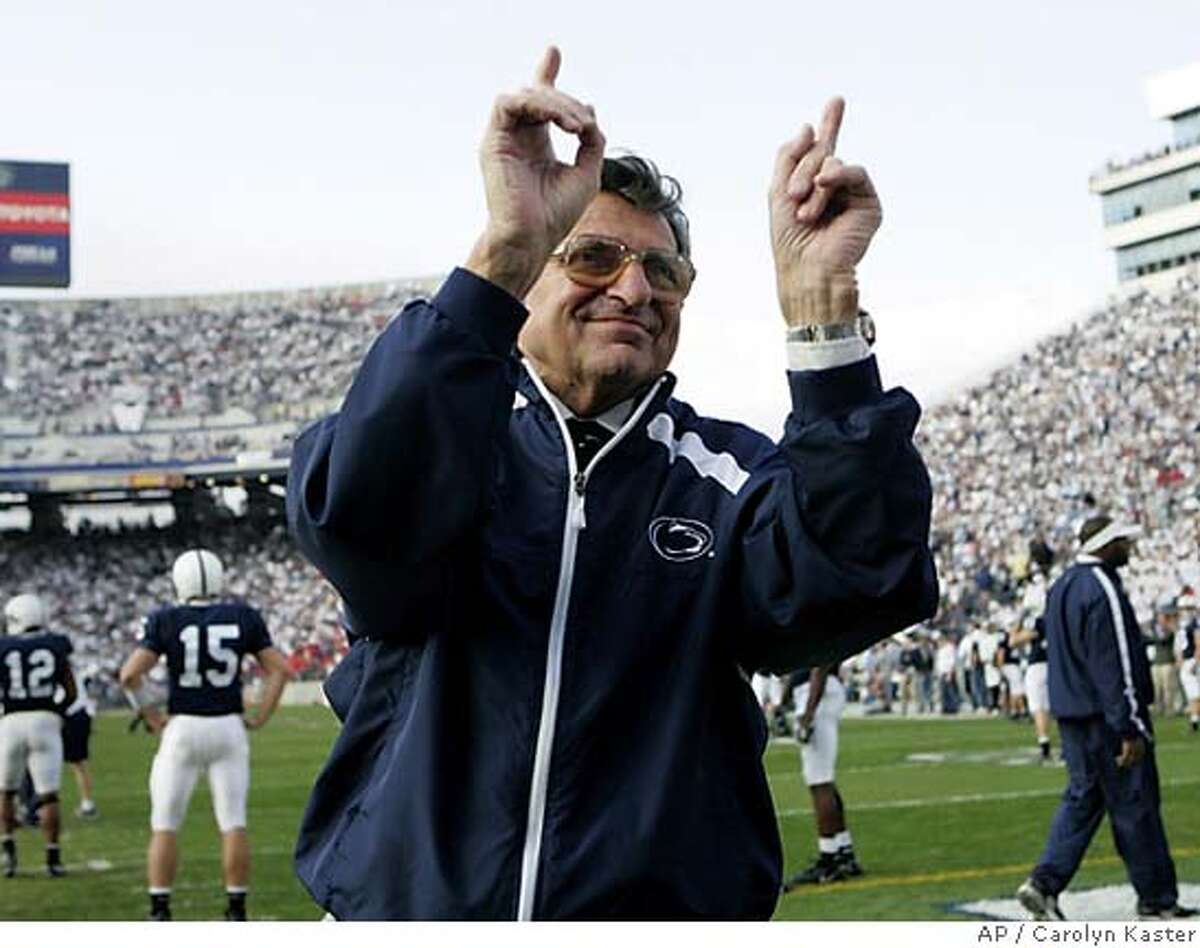 Penn State coach Joe Paterno acknowledges the crowd during warmups before the game against Wisconsin in State College, Pa., Saturday, Nov. 5, 2005. Penn State won, 35-14. (AP Photo/Carolyn Kaster)