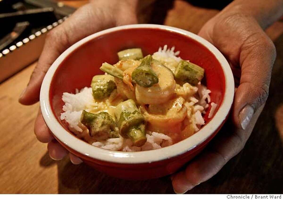 seasonal16_048.JPG Ruta Kahate's everyday okra-shrimp curry. Indian cooking teacher Ruta Kahate prepares her everyday okra-shrimp curry in the kitchen of her Oakland home. {Brant Ward/San Francisco Chronicle}5/10/07