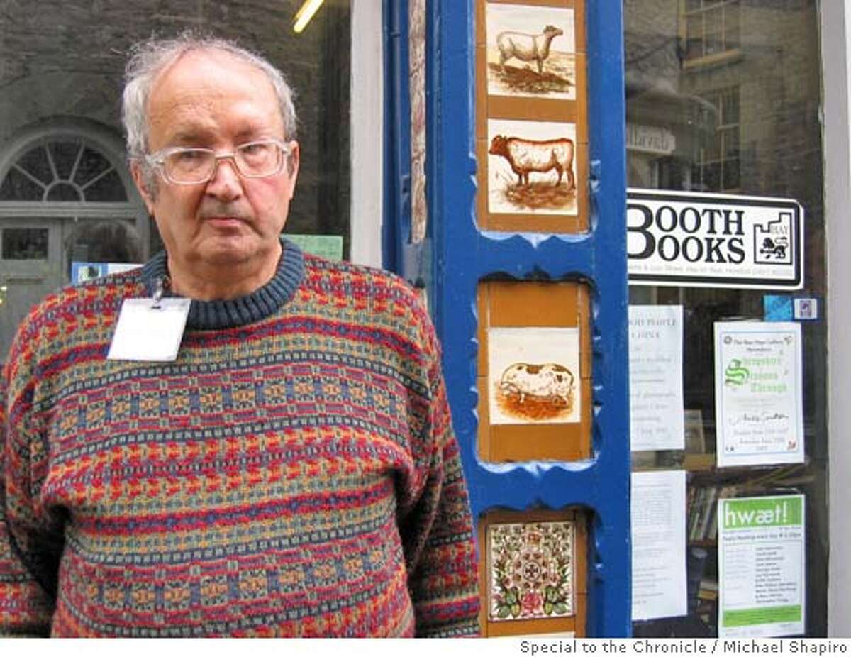 � TRAVEL HAY -- Richard Booth, the self-appointed King of Hay, in front of his shop, Booth Books, in Hay-on-Wye. Michael Shapiro / Special to The Chronicle one-time use only for Travel (OK for SFGate)