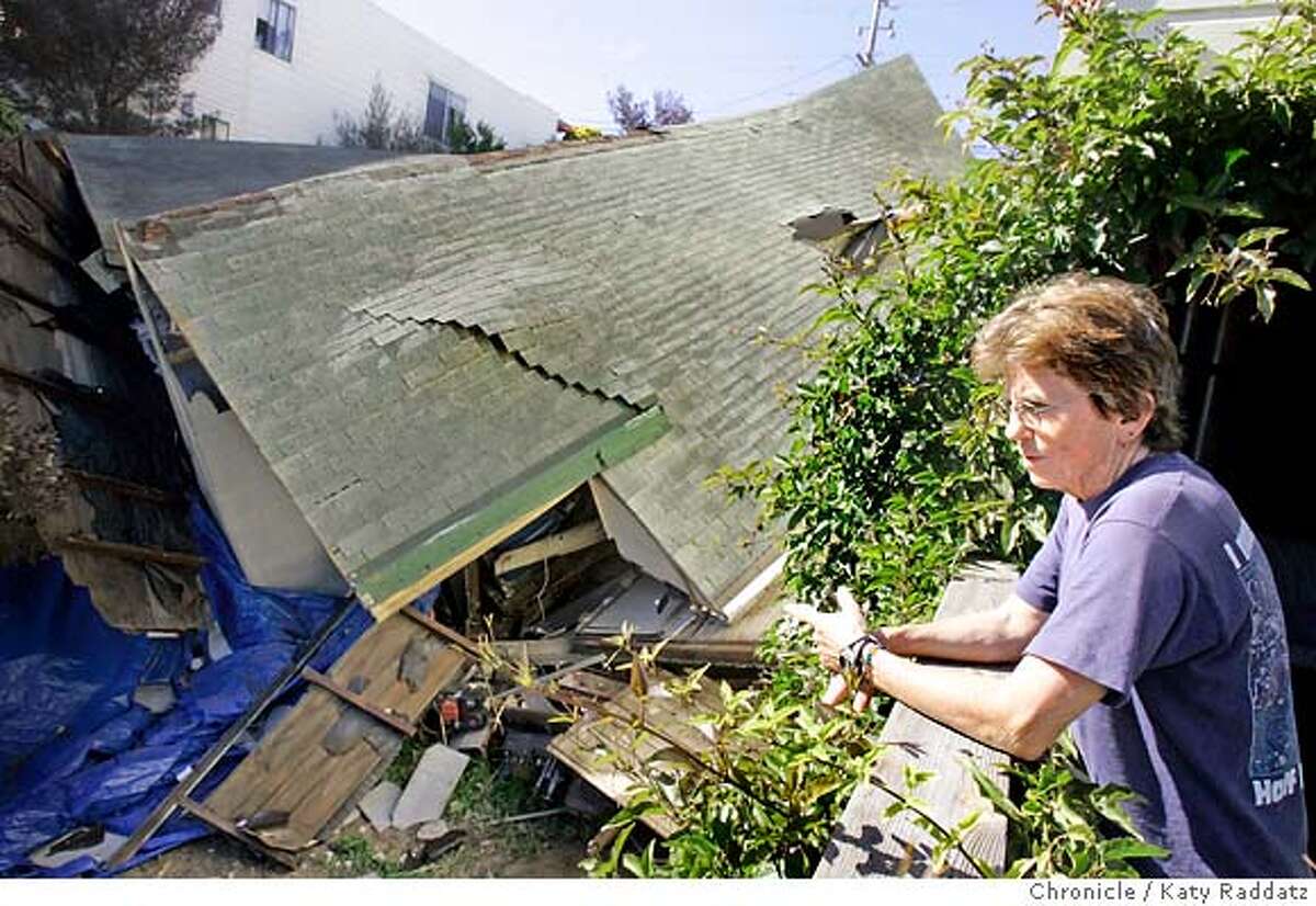 SHOWN: Lisa Katzman, who lives with her family in 139 Mangels, the house just to the east of the small house at 149 Mangels St. in San Francisco that fell down the hillside lot it is built on, and collapsed and twisted during that fall. Lisa's house was damaged by the falling house. Debbie Durham and Jackie Crivinar, who live just doors away. Demian Bulwa is the reporter for Metro. These pictures were made in San Francisco, CA. on Sunday, May 6, 2007. (Katy Raddatz/The Chronicle) **Lisa Katzman