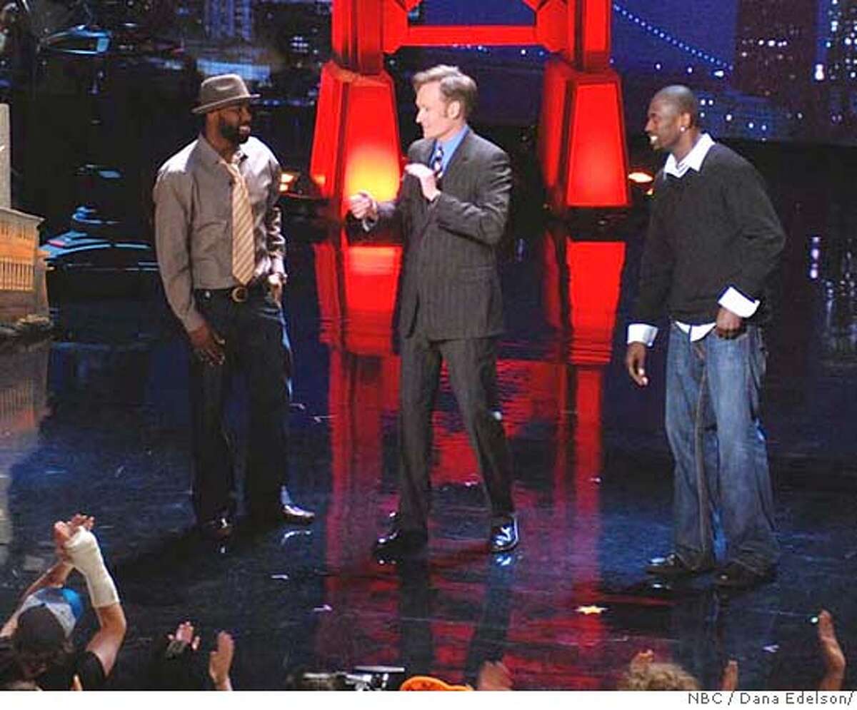 Fresh from their victory in the NBA Playoffs -- Golden State Warriors Baron Davis (left) and Jason Richardson (right) surprise the capacity crowd at the Orpheum Theater on the last night of Conan O'Brien's stay in San Francisco. CREDIT: Dana Edelson/NBC photo credit: copyright 2007/Dana Edelson/NBC