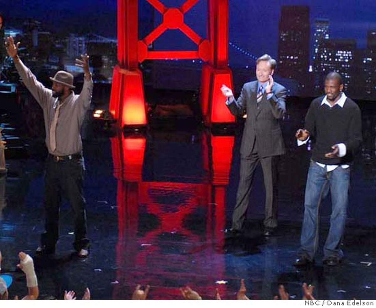 Fresh from their victory in the NBA Playoffs -- Golden State Warriors Baron Davis (left) and Jason Richardson (right) surprise the capacity crowd at the Orpheum Theater on the last night of COnan O'Brien's stay in San Francisco. photo credit: copyright 2007/Dana Edelson/NBC